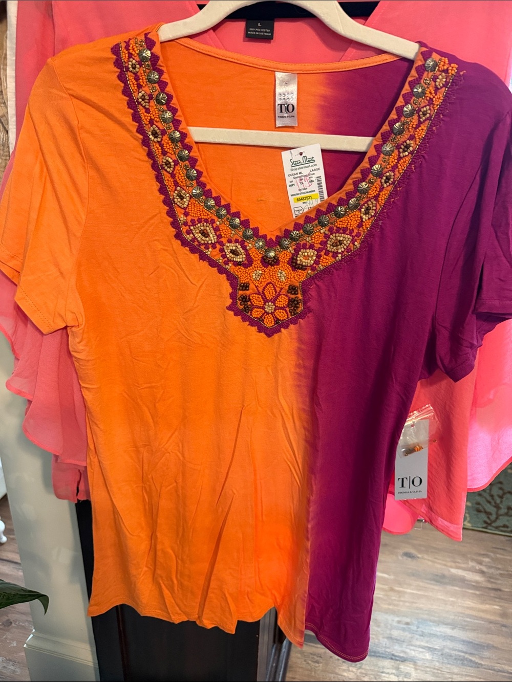 Embroidered Orange & Purple V-Neck Short Sleeve Tee